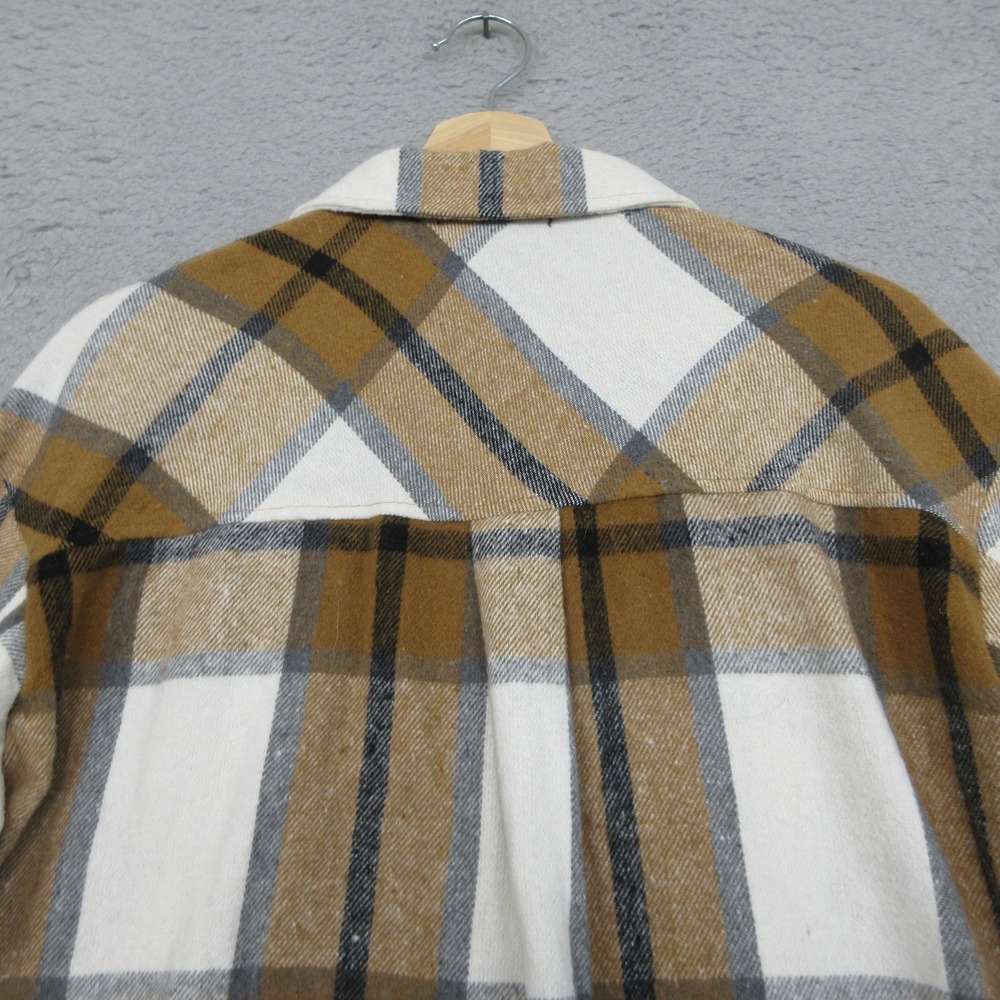 Plaid Oversized Shacket Women M Tan White Flannel Shirt Jacket Pockets Automet - Picture 9 of 16